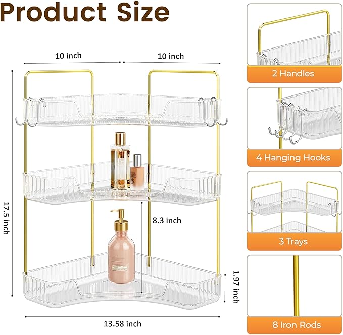 Corner Bathroom Counter Organizer 3-Tier Bathroom Organizer | Storage Countertop with Hooks Perfume Organizers Storage Shelf for Makeup & Skincare Dresser-Clear