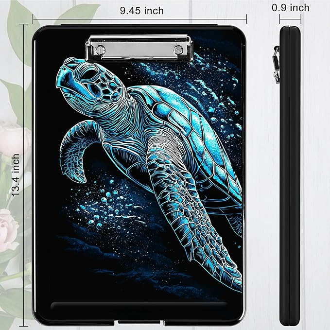 Heavy Duty Storage Clipboard, Slim Nursing Clipboard with Internal Pen Case, Portable File Organizer Case for A4 Letter Size Paper Office Medical Professionals, Blue Black Turtle