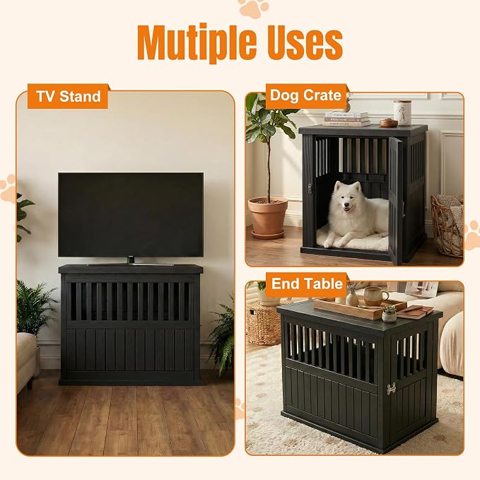 EFU 40 Inch Large Dog Crate Furniture, Indoor Dog Kennel, Puppy Pet House | Resin Pet House End Side Table, Waterproof Puppy Crates Cage for Large Medium Dogs to 70 lb, Black