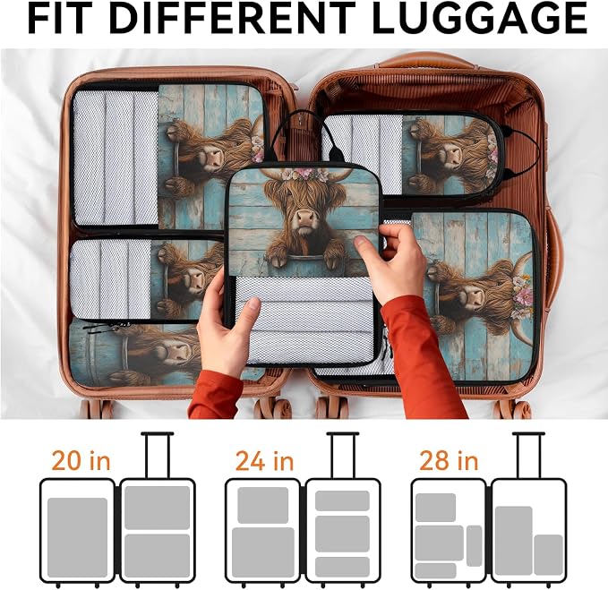 TropicalLife Highland Rustic Cow 6 Set Compression Packing Cubes | Farmhouse Farm Animals Travel Accessories Expandable Packing Organizers Space Saver Bags for Organizing Clothes