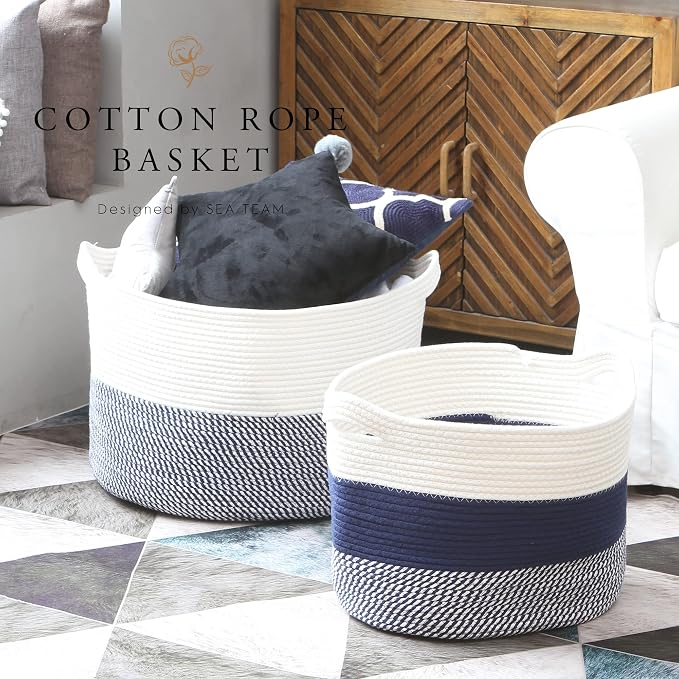 Sea Team Large Woven Cotton Rope Laundry Basket with Handles, 16 x 13 in | Collapsible Knitted Hamper, Closet Shelf Organizers, Containers for Clothing, Blankets, Toys, Bedding, Mottled Navy