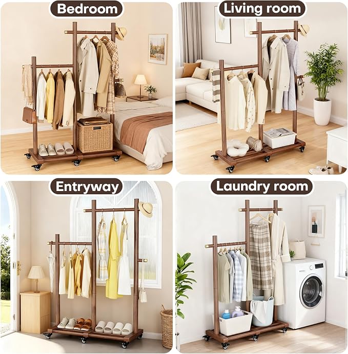 Wooden Clothing Rack, Double Pole Clothes Rack with 4 Hooks & 6 Wheels | Long and Short Clothing Section Design, Load Capacity 360Ib, Garment Rack for Hats, Scarves, Trench Coats, and Shoes