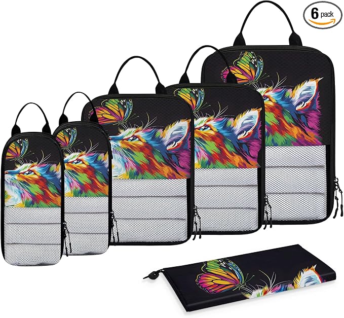 Cat 6 Set Compression Packing Cubes Butterfly Expandable Packing Organizer for Travel Accessories Luggage Suitcase Bag