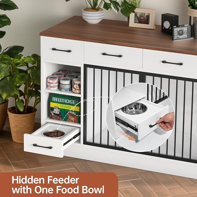 Dog Crate, 47.2" Dog Cage with Hidden Feeder Bowl & 3 Storage Drawers - Wooden Dog Crates with Adjustable Shelf, 2 Doors Dog Kennel Furniture for Medium & Small Dogs, Multi-Functional Pet End Table
