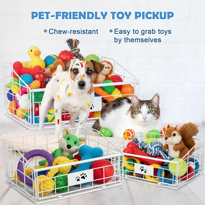 3 Pack Metal Dog Toy Baskets Multi-sized Foldable Dog Toy Bins Box Storage Container Organizer for Living Room Area Decorative Pet Accessories Coat Clothing Storage Holder Baskets(White)