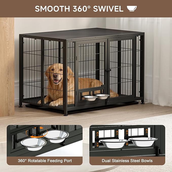 43.3" Heavy Duty Large Dog Crate with Wheels & Feeding Bowls, 3 in 1 Foldable Extra Large Dog Kennel & Playpen, Indestructible Escape-Proof Metal for Large Dogs, Indoor Outdoor, Black