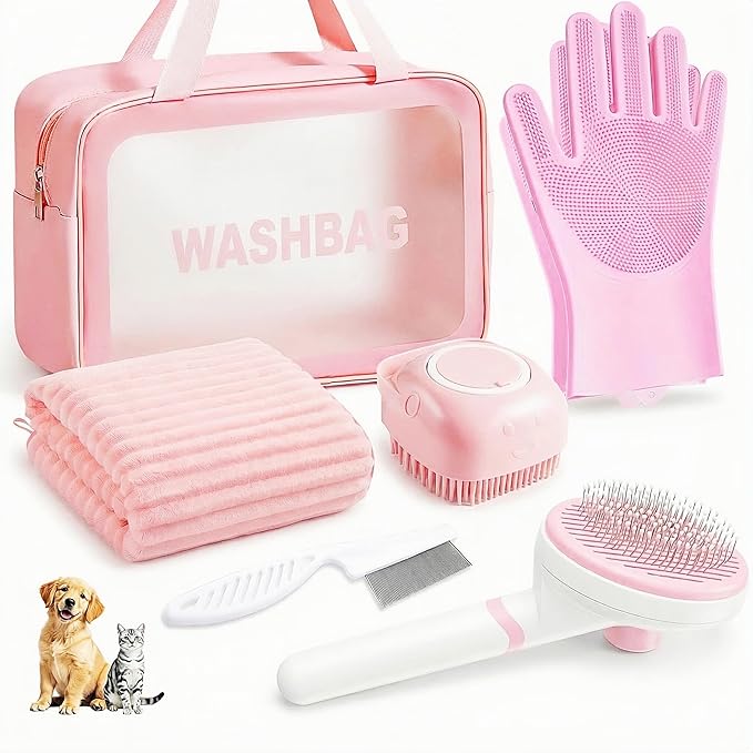 6PCS Dog Bath Kit & Dog Brush Kit - Professional Pet Grooming Tools Set for Dogs & Cats, Includes Shedding Brush, Bath Scrubber & Dematting Combs - Complete Dog Washing Essentials Pink
