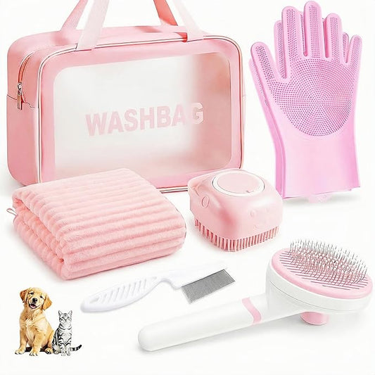 6PCS Dog Bath Kit & Dog Brush Kit - Professional Pet Grooming Tools Set for Dogs & Cats, Includes Shedding Brush, Bath Scrubber & Dematting Combs - Complete Dog Washing Essentials Pink