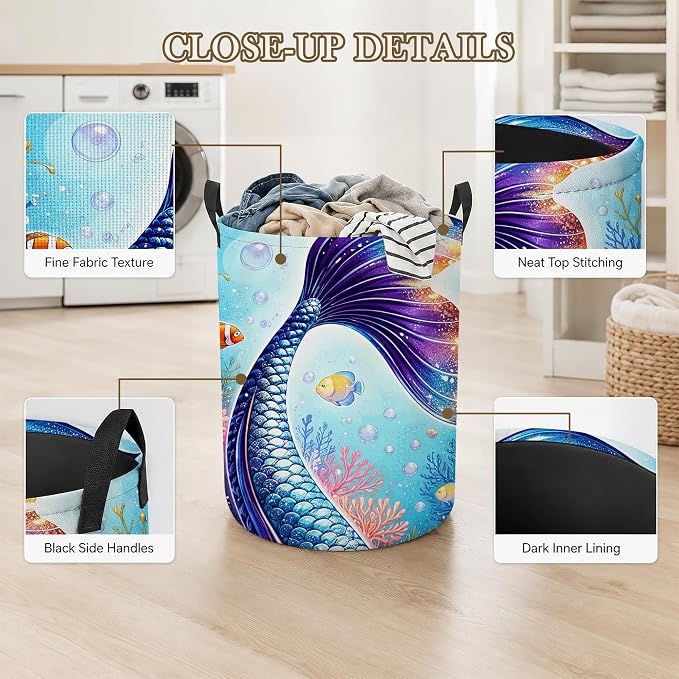 Laundry Hamper, Mermaid Tail Collapsible Ocean Coral Laundry Baskets Waterproof Oxford Cloth With Handles, Clothes Storage Bucket For Bathroom/Bedroom 16" x 20.8"