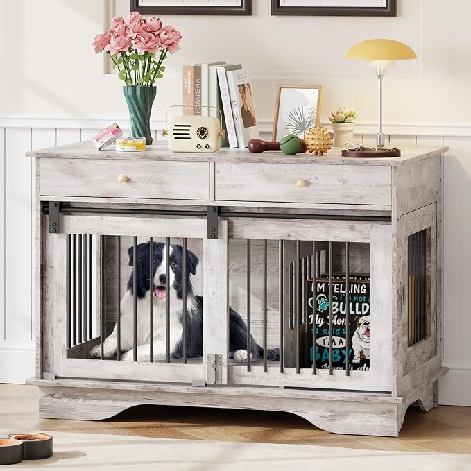 Multi-Functional Large Wooden Dog Crate Furniture | Double Kennel End Table with 2 Storage Drawers & Removable Divider, Indoor Pet Cage for Medium & Large Dogs, Gray