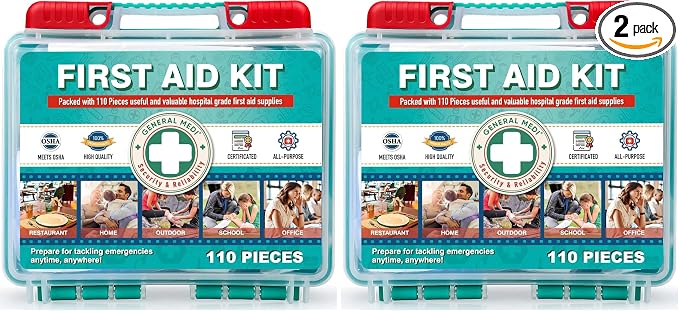 General Medi 110 Pieces Small First Aid Kit - HardCase First Aid Box - Contains Premium Medical Supplies for Travel, Home, Office, Vehicle, Camping, Workplace & Outdoor (Pack of 2)