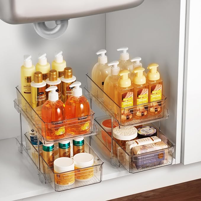 Masirs 2-Tier Clear Pull-Out Drawer Organizer - Sleek, Compact & Sturdy Makeup and Closet Organizer - Easy Assembly Kitchen Storage Solution, Ideal for Makeup, Tools, Medicines 4-Pack