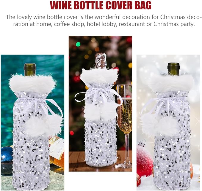 DECHOUS Wine Pouch Bottle Silver Cover Christmas Plush with Bag Pet Material, Decorative Drawstring Wine Bottle Storage for Holiday Party and Coffee Shop Use