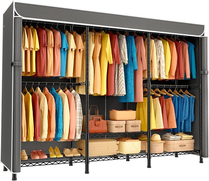 SEMHOR K01C Heavy Duty Clothes Rack with Grey Cover, Max Load 860LBS | Freestanding Portable Closet System with Shelves, Adjustable Carbon Steel Garment Rack, Clothing Racks for Hanging Clothes