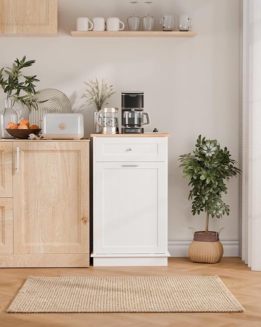 Betterhood Single Tilt Out Trash Cabinet with Power Outlet, Wooden Hidden Garbage Can Holder with a Big Storage Drawers for Kitchen, Living Room, Laundry, White