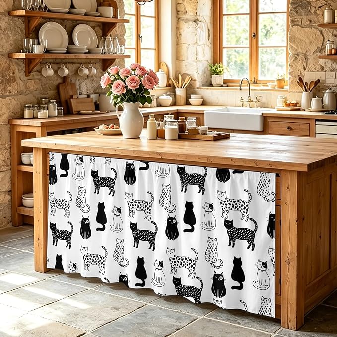 Cat Animal Cabinet Curtain 32"Wx55"L,Dustproof Pantry Door Curtain with Self Adhesive Tape,Black White Earthy Tone Pet Modern Minimalist Tall Storage Cover Privacy Drape for Bathroom Kitchen Laundry