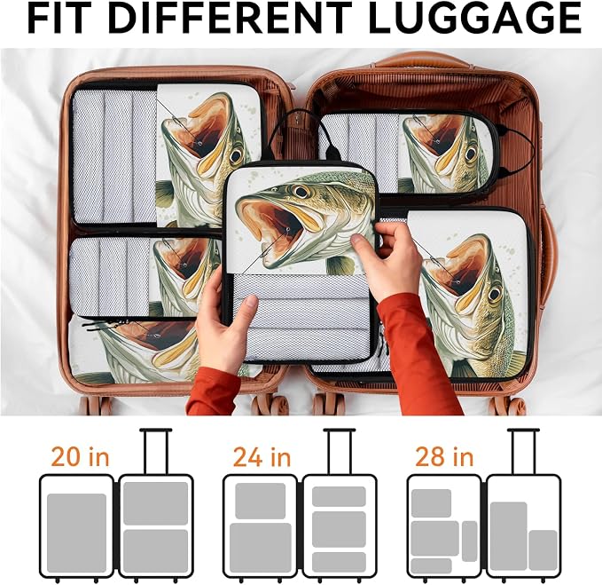 Fish 6 Set Compression Packing Cubes Funny Fishes Expandable Packing Organizer for Travel Accessories Luggage Suitcase Bag