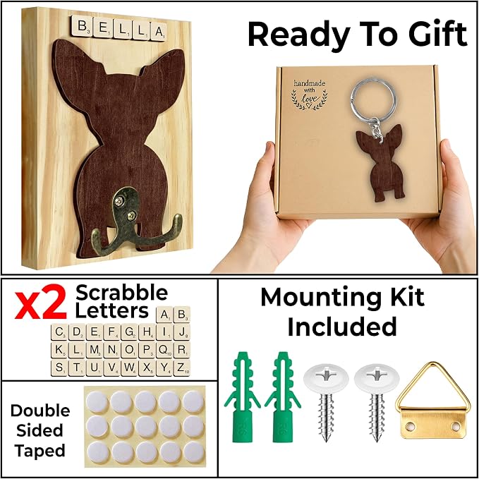 Chihuahua Dog Leash Holder Wall Mount with Scrabble Letters, Wooden Dog Wall Hook Organizer, Pet Collar and Harness Holder for Entryway, Key Hook and Leash Rack, Pet Lovers Gift Home Decor PF297-25