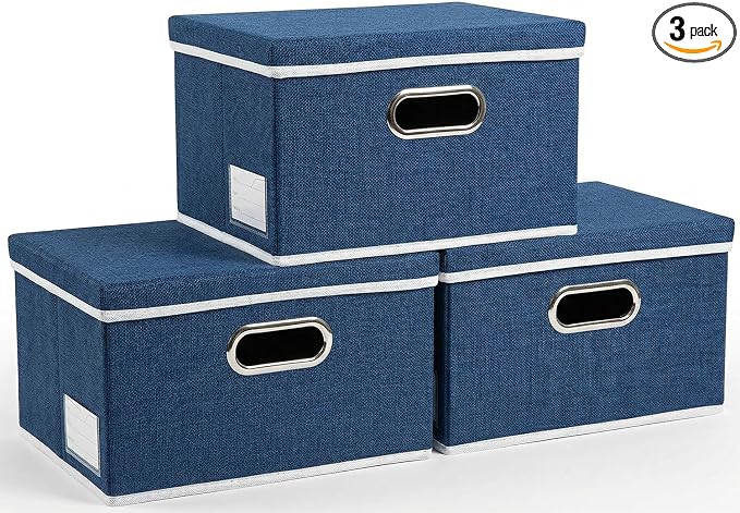 Storage Bins with Lids [3-Pack] Linen Fabric Foldable Storage Boxes Organizer Containers Baskets Cube with Cover for Bedroom Closet Office Royal Blue（11.4X8.6X6.7