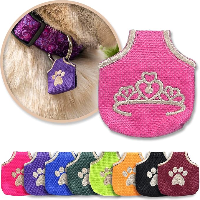 Woofhoof Dog Tag Silencer, Pink Princess - Quiet Noisy Pet Tags - Fits Up to Four Pet IDs - Dog Tag Cover Protects Metal Pet IDs from Tarnish, Made of Durable Nylon, Universal Fit, Machine Washable
