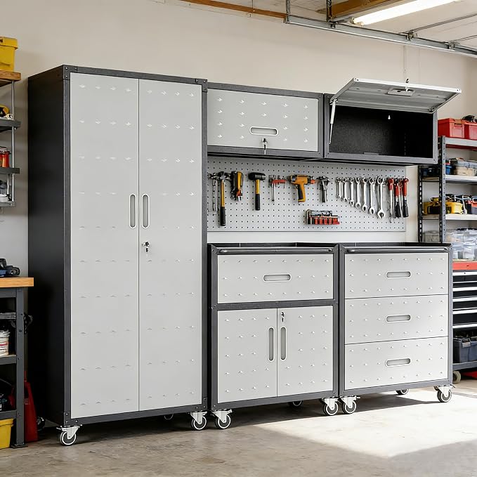 Garage Cabinet System | Heavy Duty Steel All-in-One Modular Garage Cabinet Set for Ultimate Workshop Organization | Easy Assembly Garage Storage Cabinets & Tool Bench