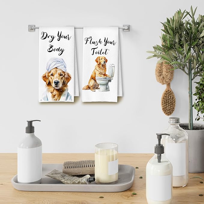 Funny Golden Retriever Hand Towels for Bathroom Washroom, Dog Bathroom Decor, Gifts for Golden Retriever Lovers, Humorous Dog Hand Towels, 16x24 Inch Set of 4