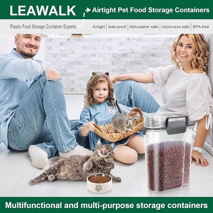 LEAWALK 5Lbs /6Qt/5l Airtight Cat Dog Food Storage With Upgraded Large Nozzle BPA-Free, Pet Food Storage Containers For Rice, Grain, Pet Food,Flour, Dog Treat Storage-2pack Dark Gray