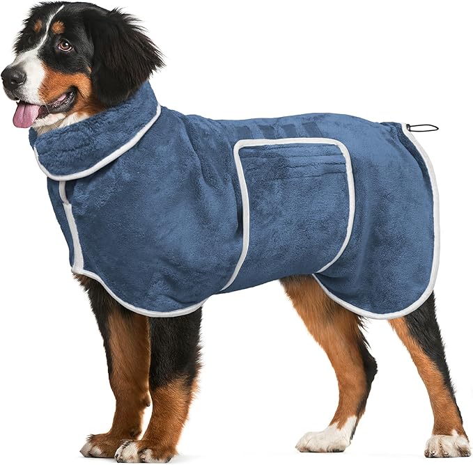 Dog Bathrobe Towel Drying Coat - Super Absorbent Dog Towels Bath Robe for Drying Dogs Large, Soft Adjustable Collar & Belly Strap Fast Drying Coat Pet Dog Cat Bath Robe Towel (Blue, Medium)