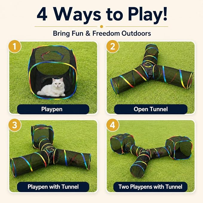 Outdoor Rainbow Cat Enclosures Playground,Outside House for Indoor Cats Include Portable Tent, 3 Way with 2 Cube Tunnel, for Kitty and Small Animals,Within Storage Bag