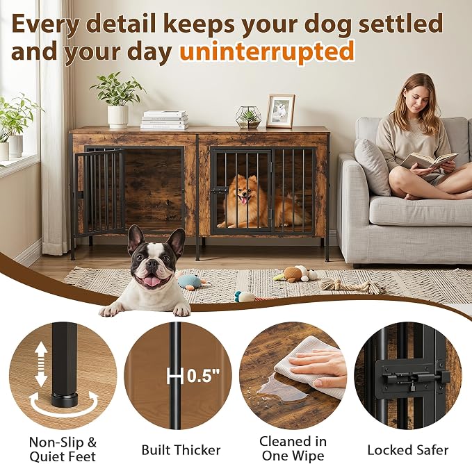 EasyCom 55" Wooden Double Dog Crate Furniture, Removable Divider, Brown | Raised Legs, For 1–2 Small to Medium Dogs, Multiuse TV, Plant & Display Stand