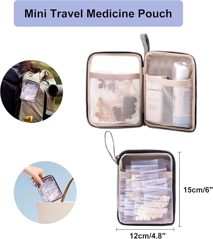 Lexeeco Medicine Storage Bag Pill Bottle Organizer with Portable Small Pouch Travel Medication Bottle Organizer for Emergency Home First Aid Box Kit (Gray) | Medication Case with Lockable Zipper for Pill,Vitamin,Medicine Storage Box for College Dorm St...