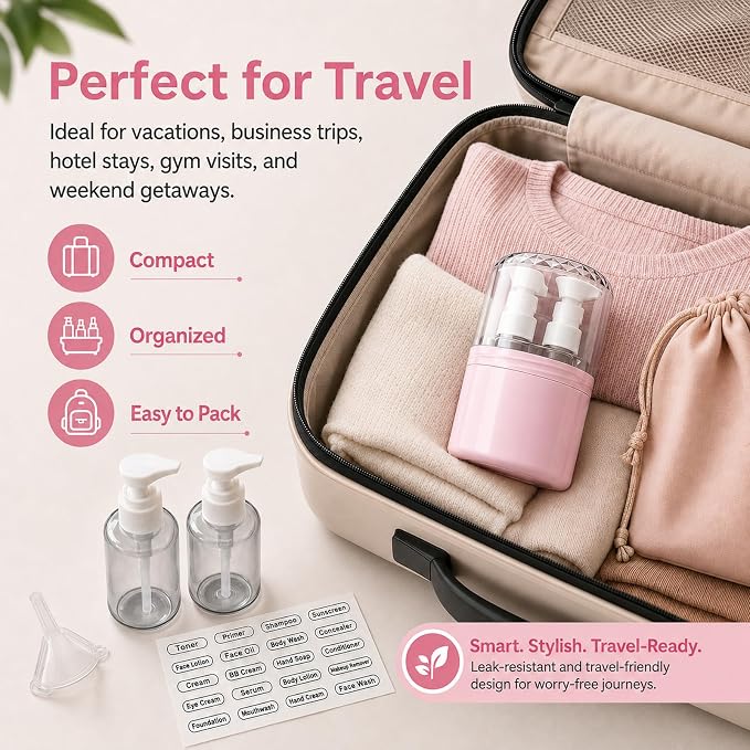 2-in-1 Travel Dispenser with 2 x 100 mL Bottles, Pink | 2 refillable 100 mL bottles, pump , included label stickers, compact design for toiletries, travel, gym