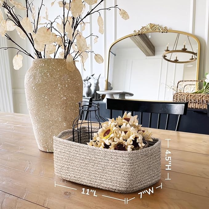 Goodpick 3Pack Rope Storage Baskets for Shelves Organizing, 11 x 7 x 4.5 in | Woven Baskets for Closet Fit Bedroom Lving Room, Small Baskets for Gift Empty, Dog Toy Basket for Pets, White & Brown