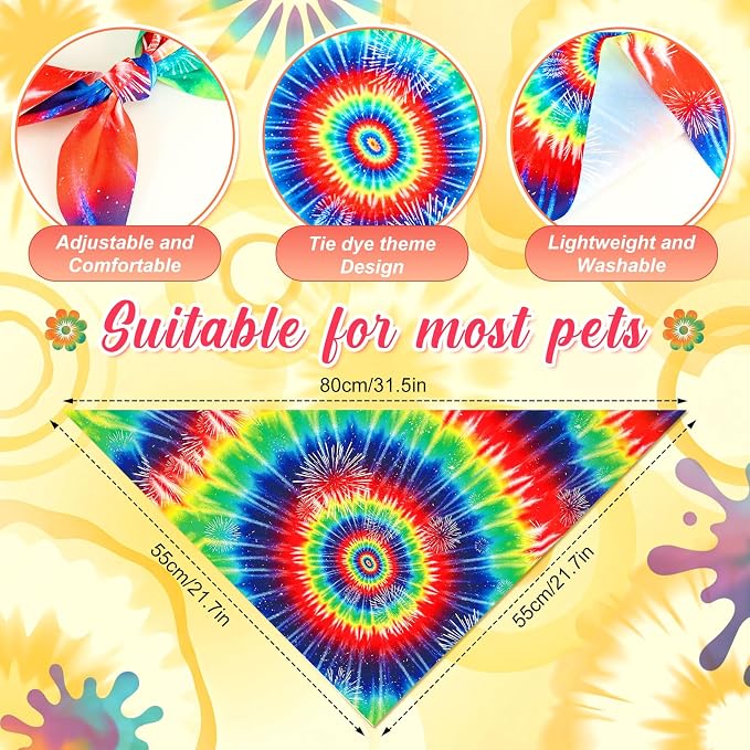 Abbylike 50 Pieces Tie Dye Dog Bandanas Bulk Colorful Hippie Pattern Dog Bandanas for Dogs Triangle Kerchief Scarf Bibs Set for Pets Summer Party Costume Accessories, 25 Styles (31.5 x 21.7 x 21.7)