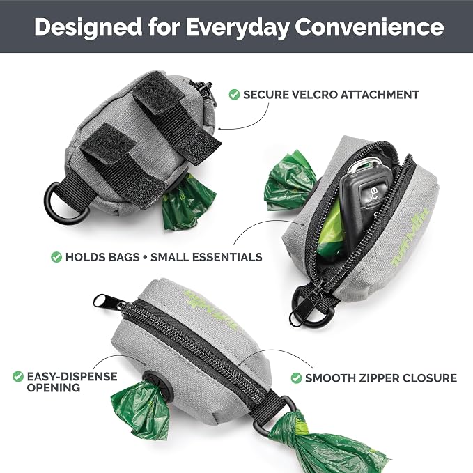 Tuff Mutt Dog Poop Bag Holder for Leashes with Velcro Attachment | Zippered Bag Dispenser, No-Swing Fit, Roomy for Backup Roll & Extras, D-Ring for Keys, Durable Fabric