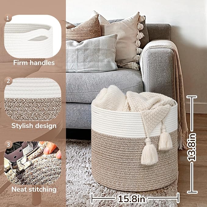Goodpick Woven Rope Basket for Blankets Fit Nursery & Living Room, 45L | 15.8 x 15.8 x 13.8 In Storage Basket for Toys Shoes, Cute Baby Laundry Hamper for Towels, Clothes, Mele