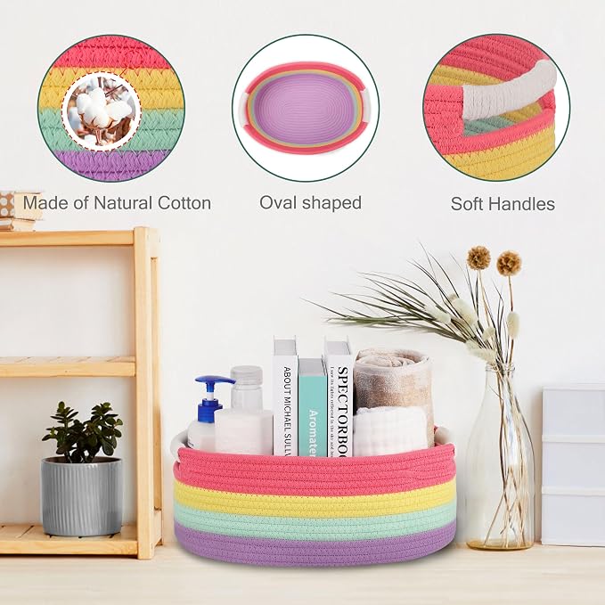 Small Woven Gift Basket with Bag & Ribbons, Rainbow | Cotton Rope, 13”x 9”x 5.5”, Fits for Kids, Women & Men, Bedroom, Living Room, Nursery & Bathroom Storage, Cat & Dog Toy Boxes