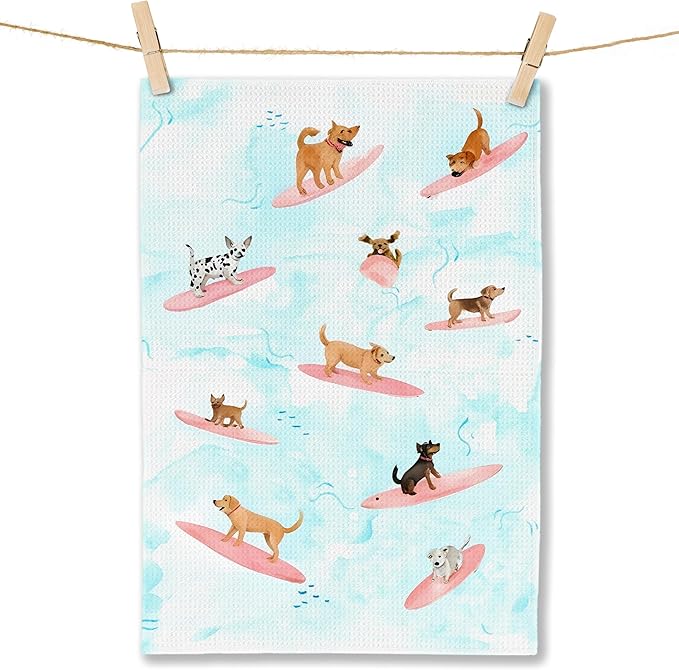Funny Surfing Dog Kitchen Towels, Coastal Beach Hand Towels for Bathroom, Dog Lover Mom Gifts, Nautical Dish Tea Towels for Kitchen Decor, Beach Bathroom Decor, 16x24 Inch