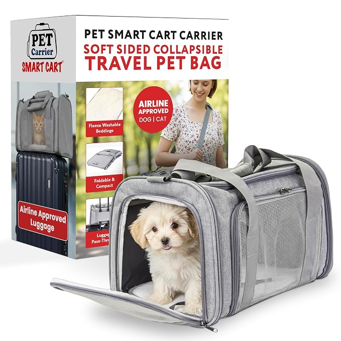 dbest Products Pet Smart Cart Sport, Soft Sided Collapsible Cat Carrier Airline Approved with Mesh Panels and Easy Side/Top Loading, Grey