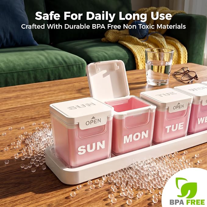 ODARO Extra Large Weekly Pill Organizer Once A Day - Pink | Large Capacity, Big Font, Wide Opening Easy For Seniors, Detachable Portable, Spill Proof, BPA Free