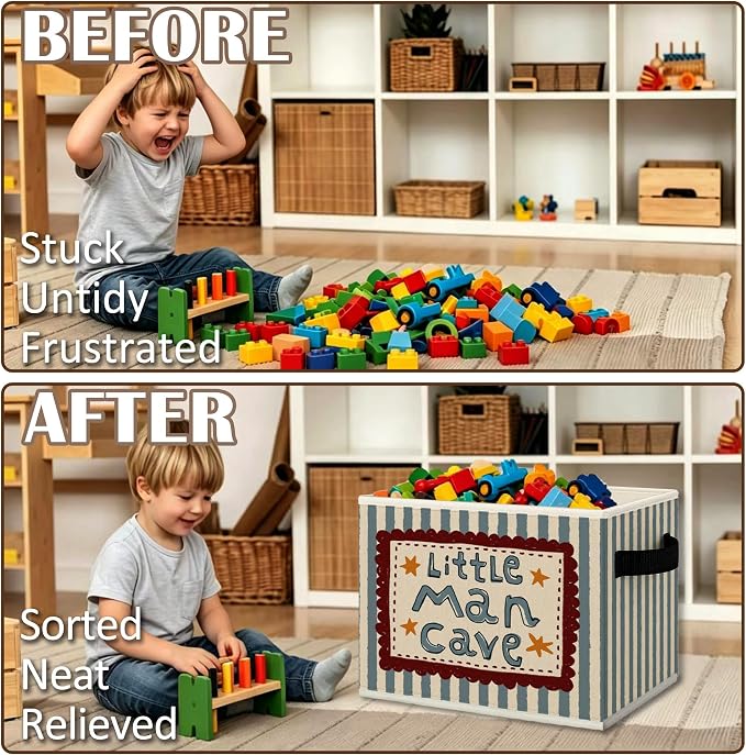Boy Nursery Playroom Cube Storage Bins with Handles, Little Man Cave Blue Striped Collapsible Fabric Storage Basket Boxes Books Clothes Organizer for Kids Boys Room Bedroom Bathroom
