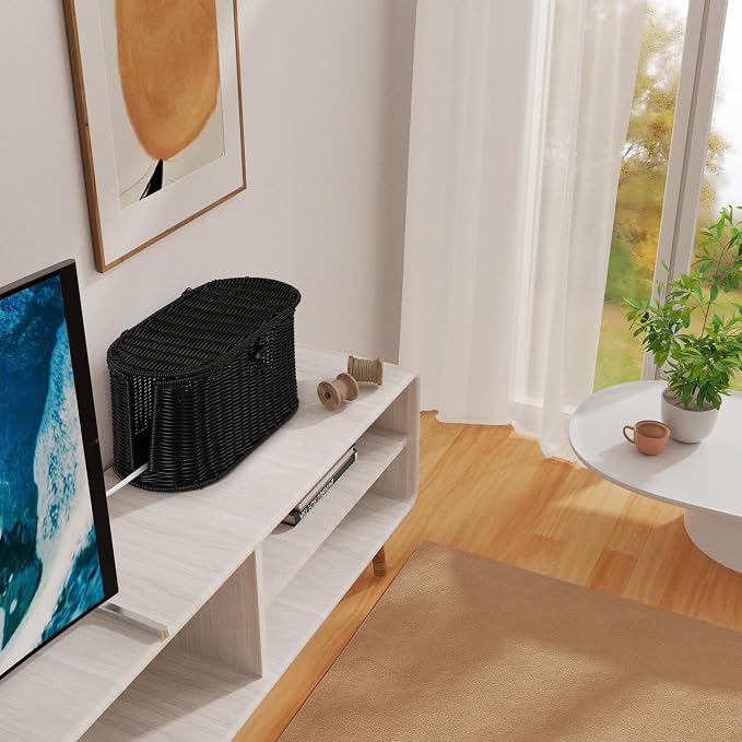 Oval Rattan Style Cable Management Box, Cable Organizer Button Loop Closure