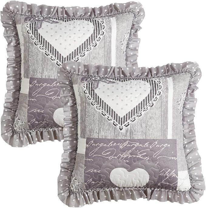 Brilliant Sunshine Grey Heartlove Ruffle Pillowshams Set, 18"x18" | Patchwork Design with Ruffles, Quilted Pillow Covers Set, Washable Throw Cushion Cases for Couchs and Beds, Pack of 2