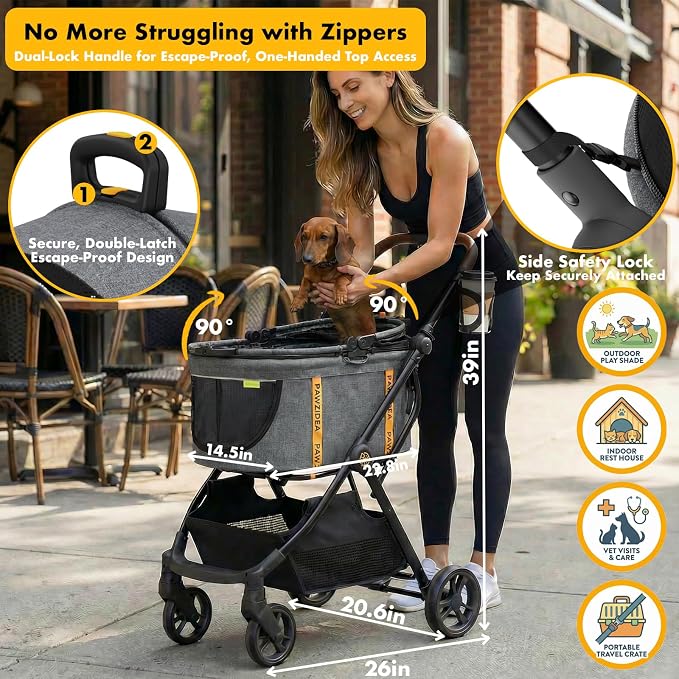 PAWZIDEA Pet Stroller 4-in-1, Foldable Cat Stroller with Detachable Carrier | Escape-Proof No-Zip Canopy, Portable Travel Crate & Car Seat Combo, for Small to Medium Dogs & Cats up 33 lbs, Storage Basket