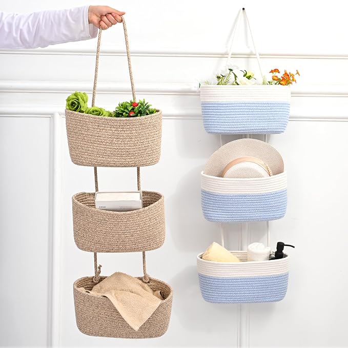 ICERZCZ Hanging Baskets for Organizing, Over the Door Decorative Storage Organizer, Nursery Decor Organization, 3-Tier Wall Basket for Entryway Playroom Bathroom Closet, Mixed Brown