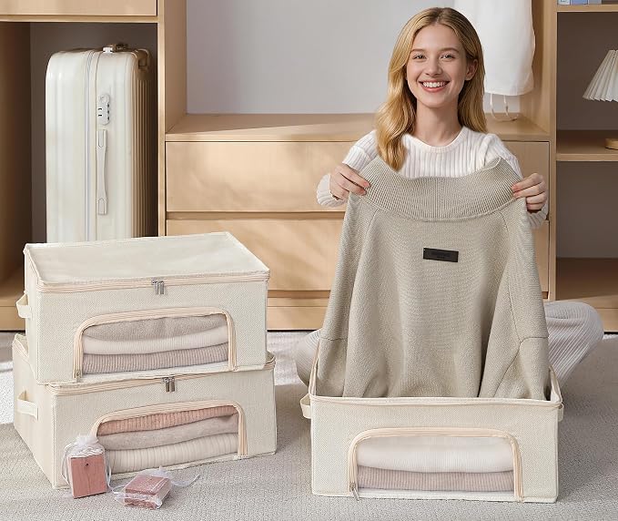 2-Pack Cashmere Sweater Storage Bags for Wool with Cedar Blocks, Ivory | Breathable Cashmere/Wool Garment Storage, Mesh Window, Rigid PP Support, Cedar Protection, Foldable Closet Clothes Storage