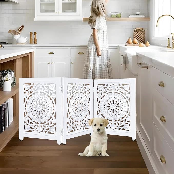 Lightnpro 3-Panel Wooden Dog Gate – Adjustable Freestanding Foldable Pet Safety Barrier, Extra-Wide Indoor Fence for Small Dogs & Pets – 24x54 Inch Antique White