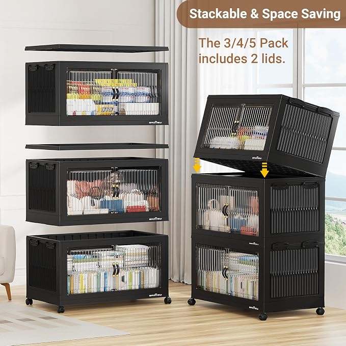 BROVIEW 1000QT Extra Large Stackable Storage Bins with Lids, 5Pack Black | 250Gal Plastic Collapsible Cabinets Containers, Wheels & PET Doors, Foldable Closet Organizers Drawers for Office, Dorm