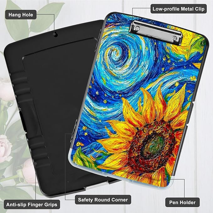 Starry Sunflower A4 Clipboard with Storage Pen Holder, Clipboards Organizer Nursing Clipboard Foldable File Folder Plastic Clipboard Folio Clip Board for Office Students Classroom Doctor