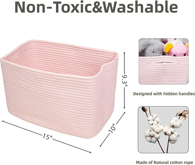 XUANGUO Woven Cotton Rope Storage Baskets 15x10x9.3" 3 Pack Light Pink | Decorative rectangular storage baskets for shelves and closets; storage bins organize clothes, toys, books and nursery items.